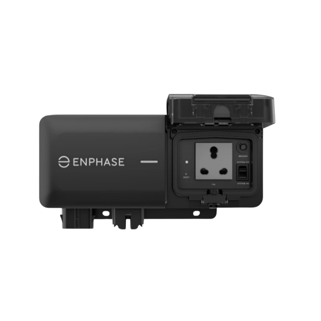 An image of enphase energy fusion gateway with it's electrical socket lid open